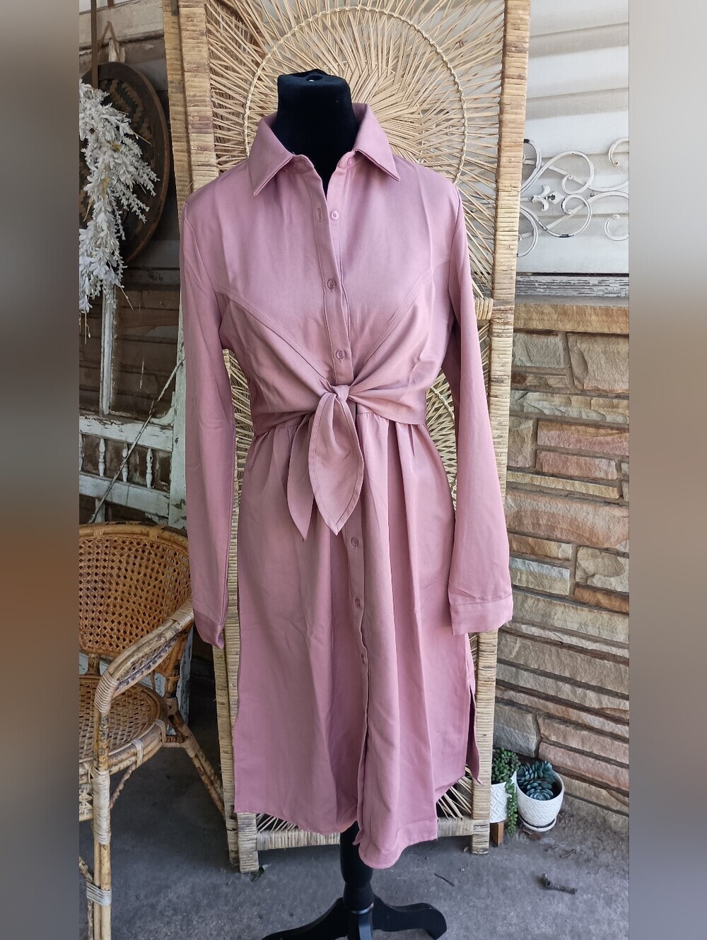 Promesa Dusty Rose Long Sleeve Tie-Front Shirt Dress